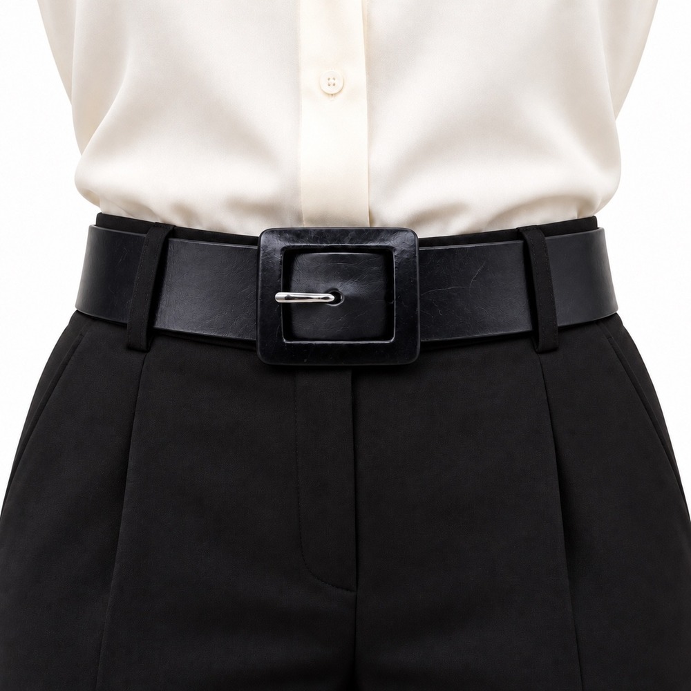 Calvin Klein Womens Small Black Wide Leather Belt Silver Buckle Minimalist Style